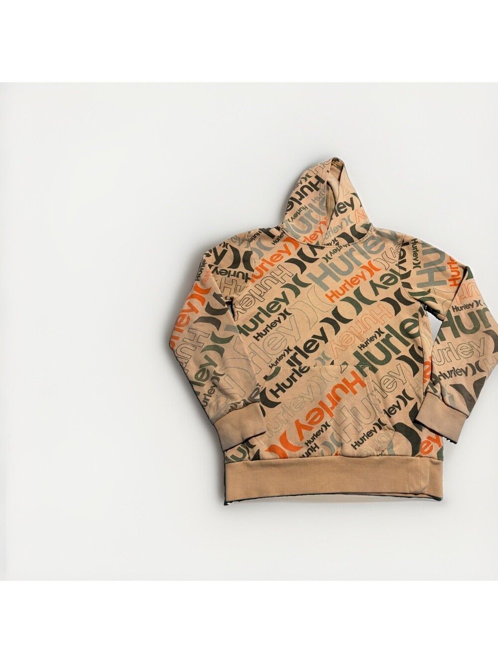 Hurley Kids All Over Logo Print Pullover Hoodie Tan Green Orange Sweatshirt XL